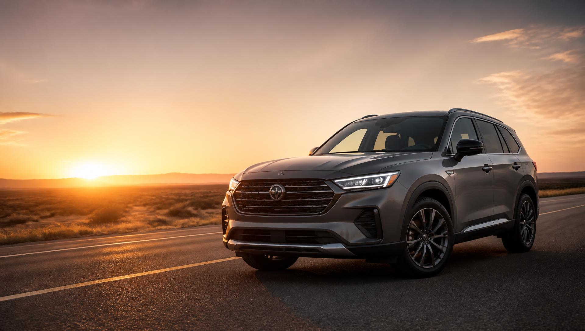 SUV moderna gris en una carretera abierta al atardecer